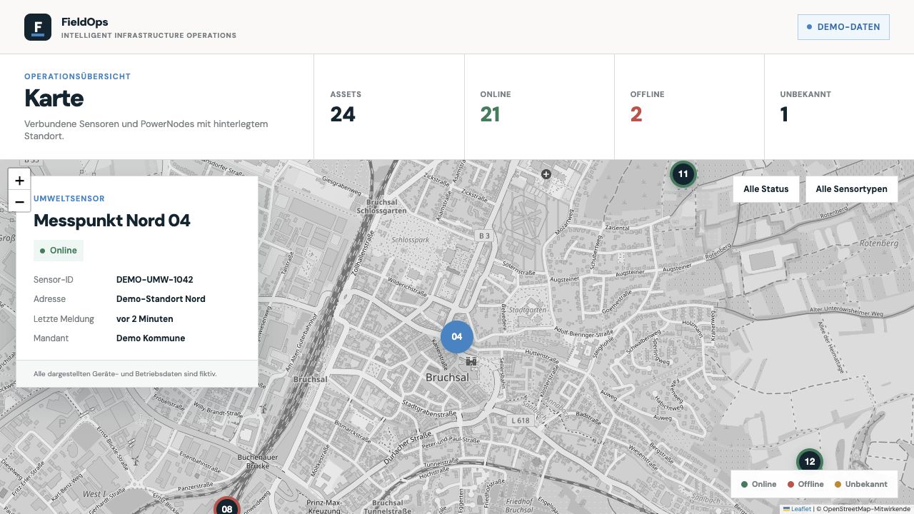 FieldOps Kartendetail eines fiktiven Umweltsensors mit Dummy-Daten